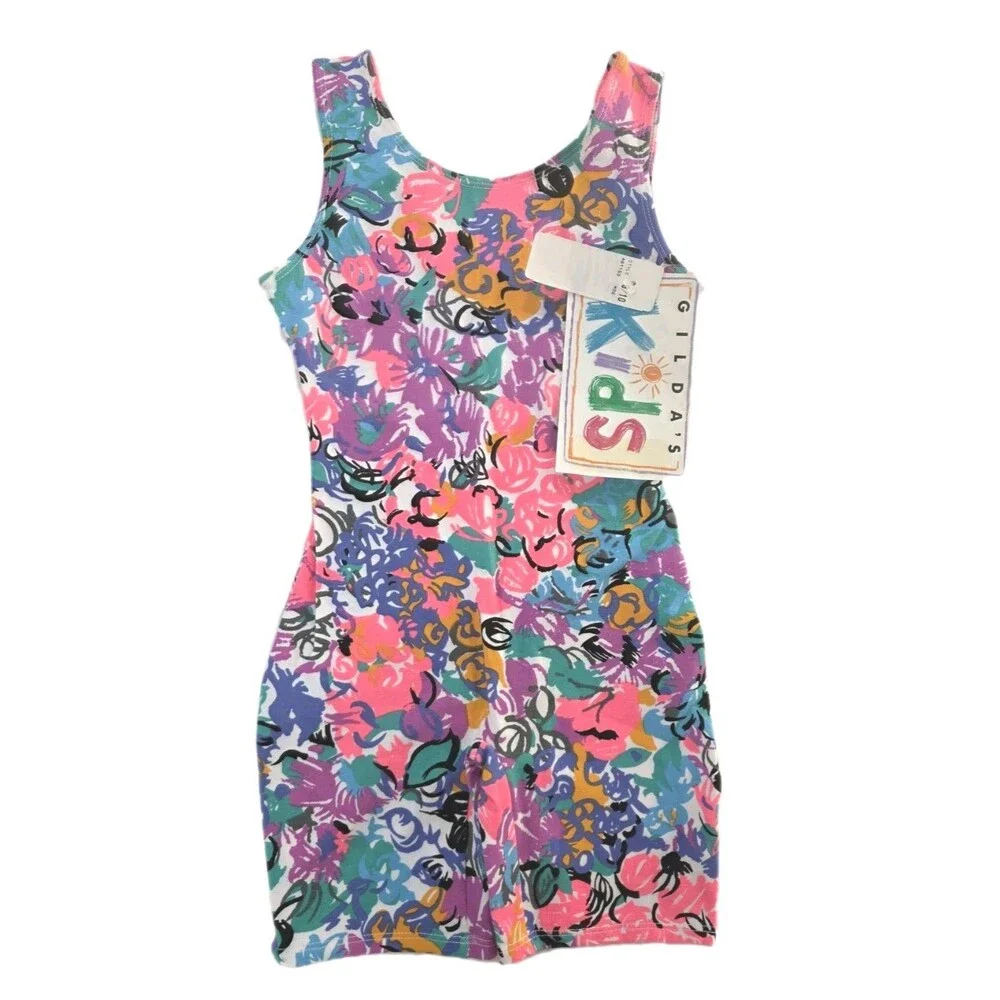 Gilda Marx Kids VTG 80s Pastel Scribbles Cotton Biketard Leotard Dance Size 8/10